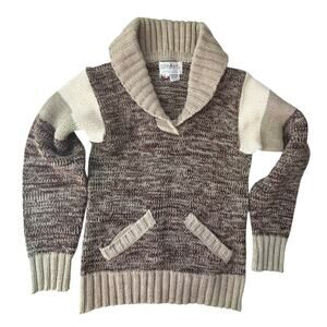 Vintage Boys Sweater Shawl Collar Brown Tan Collage Brand Large 80s